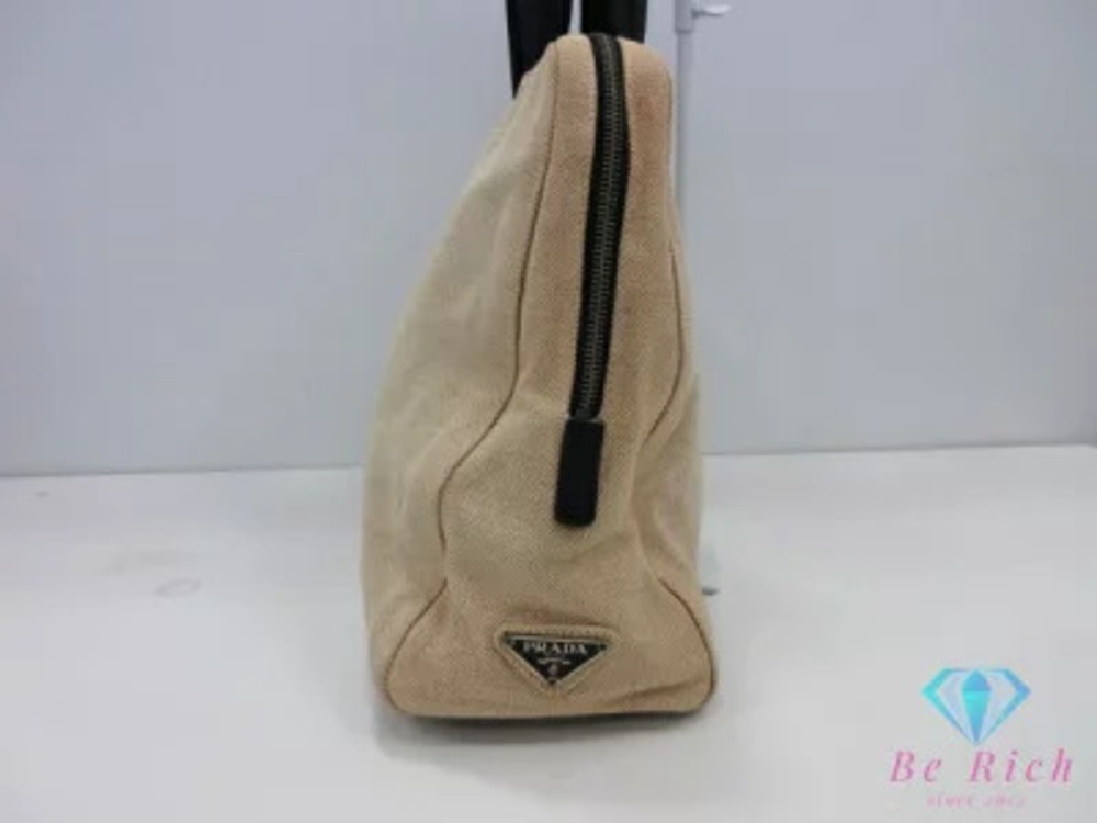Prada black beige plate leather canvas Handbag triangular tote bag Black Tan